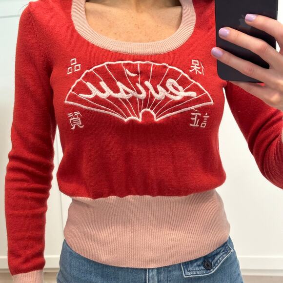 Vintage 90’s Evisu Sweater Women’s Wool Scoop Neck Embroidered Logo Pullover - Picture 3 of 14